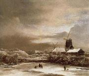 Jacob van Ruisdael, Winter landscape with two windmill